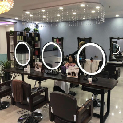 实木美发双面镜发廊剪发染发铁艺美容店化妆镜理发店镜台带灯LED|ru