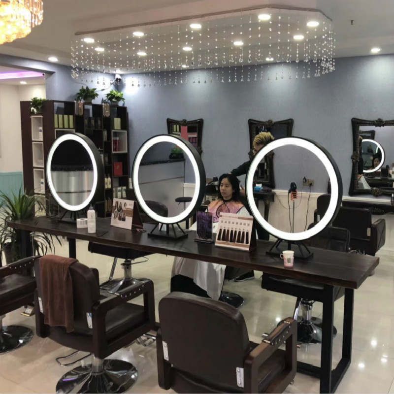 实木美发双面镜发廊剪发染发铁艺美容店化妆镜理发店镜台带灯LED|ru