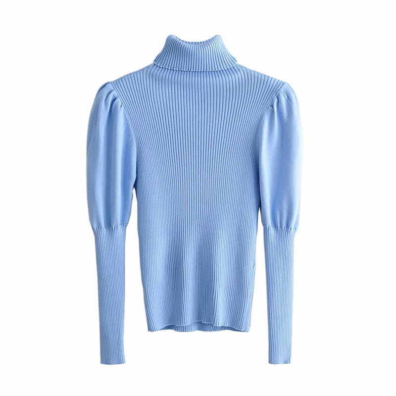 solid color slim puff sleeve turtleneck knitted sweater NSYXB137077