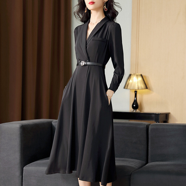 Women’s dress high-end long sleeve medium length waist A-line skirt