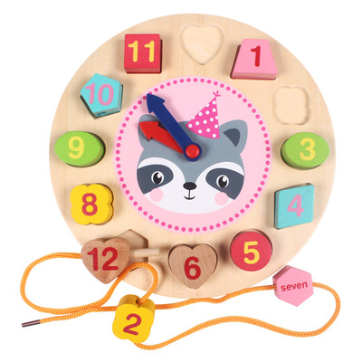 儿童智力创意木制卡通数字穿线串珠动物时钟益智早教亲子互动玩具