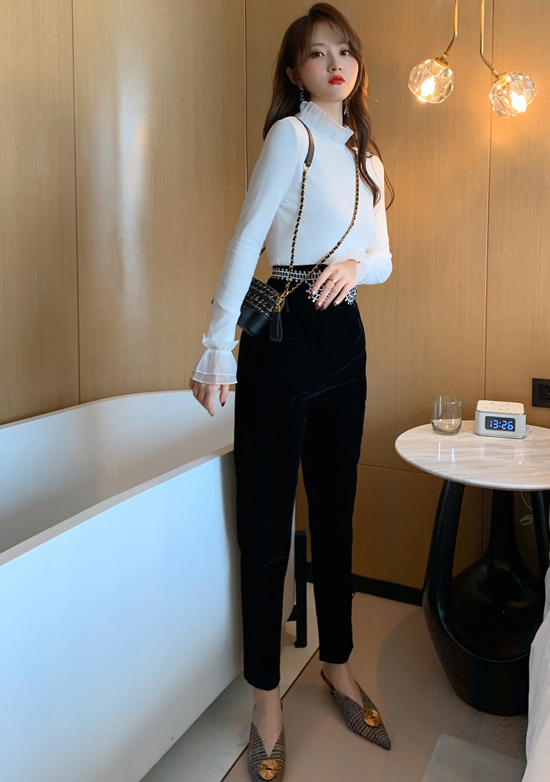 Quần nhung nữ cạp cao họa tiết thêu ống skinny — Màu đen chi tiết 12