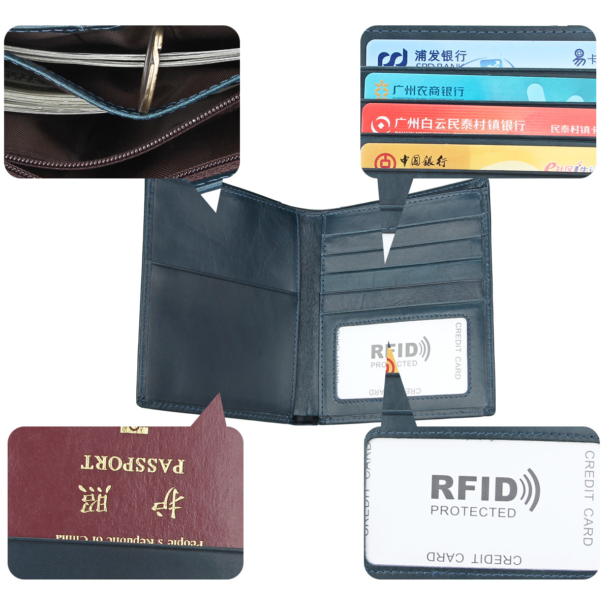 تبيع الشركات المصنعة بالجملة  Rfid للرجال والنساء مشبك جواز السفر للجلد متعدد الوظائف مجموعة بطاقات الاعتماد بالجملة display picture 11