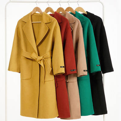 廠家貨源雙面羊毛大衣女中長款浴袍韓版修身純色毛呢外套
