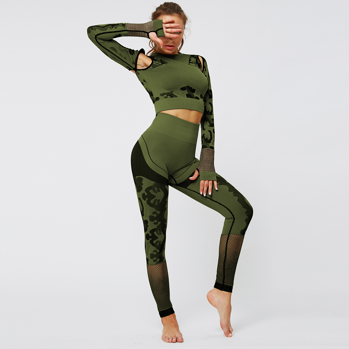 camouflage hollow seamless long-sleeved hip-lifting tights yoga suit  NSNS10727