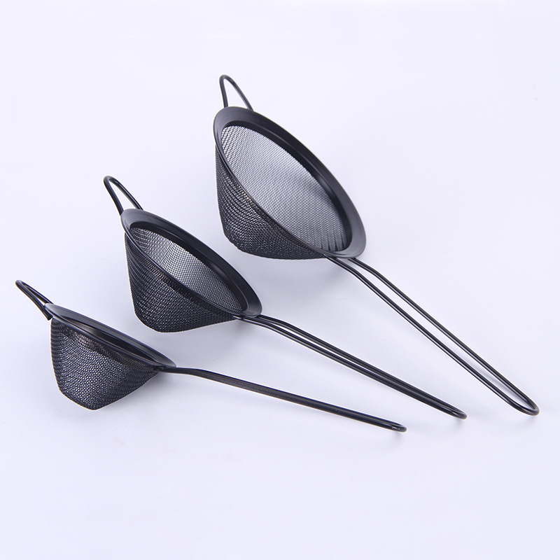 黑色锥形不锈钢网漏长柄尖耳宽边油格家用厨房烘焙面粉筛可定制