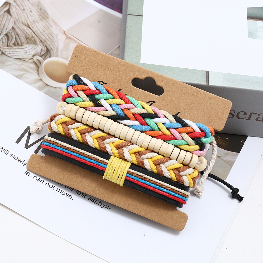 New colorful wax line braided four-piece girl bracelet simple diy multiple combination leather brace