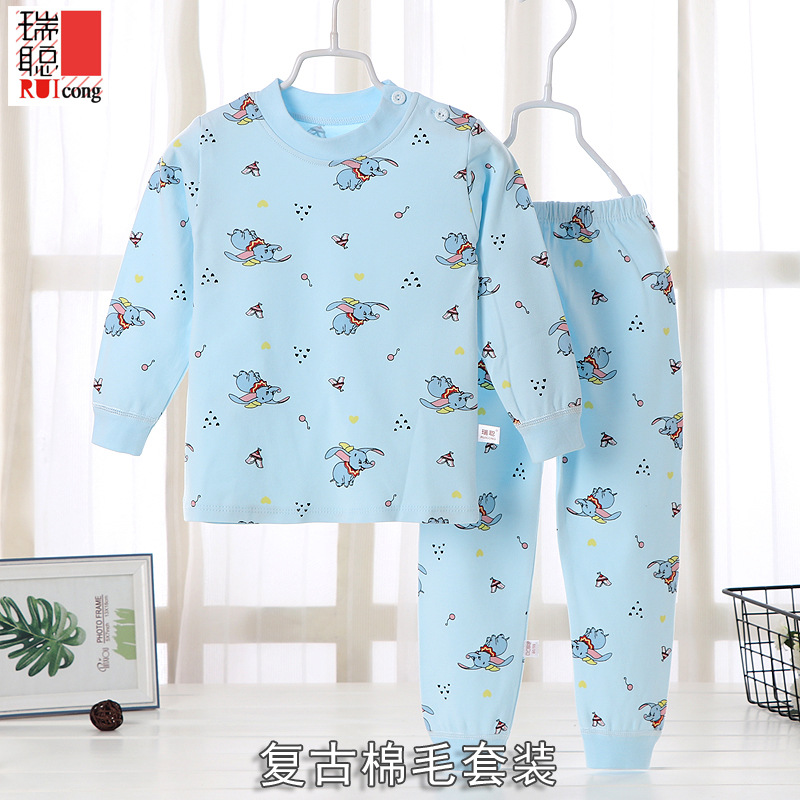 40支精梳纯棉大中小童秋衣秋裤 复古糖果色印花净面儿童内衣套装|ms