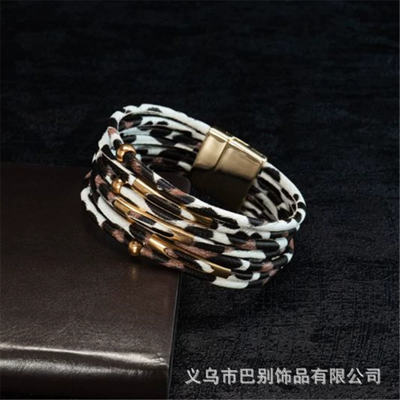 Браслет леопард Leopard LeatherBracelet кожаный браслет из кожи с бусинами и трубкой браслет с магнитной пряжкой