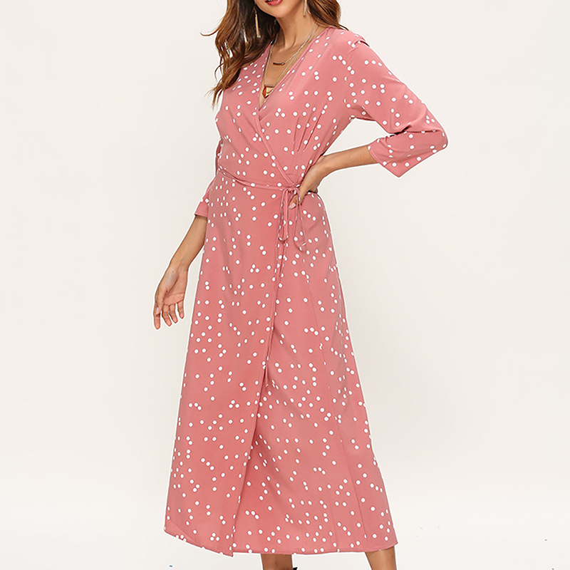 polka dot v-neck long-sleeved high-waisted chiffon dress NSGE37787