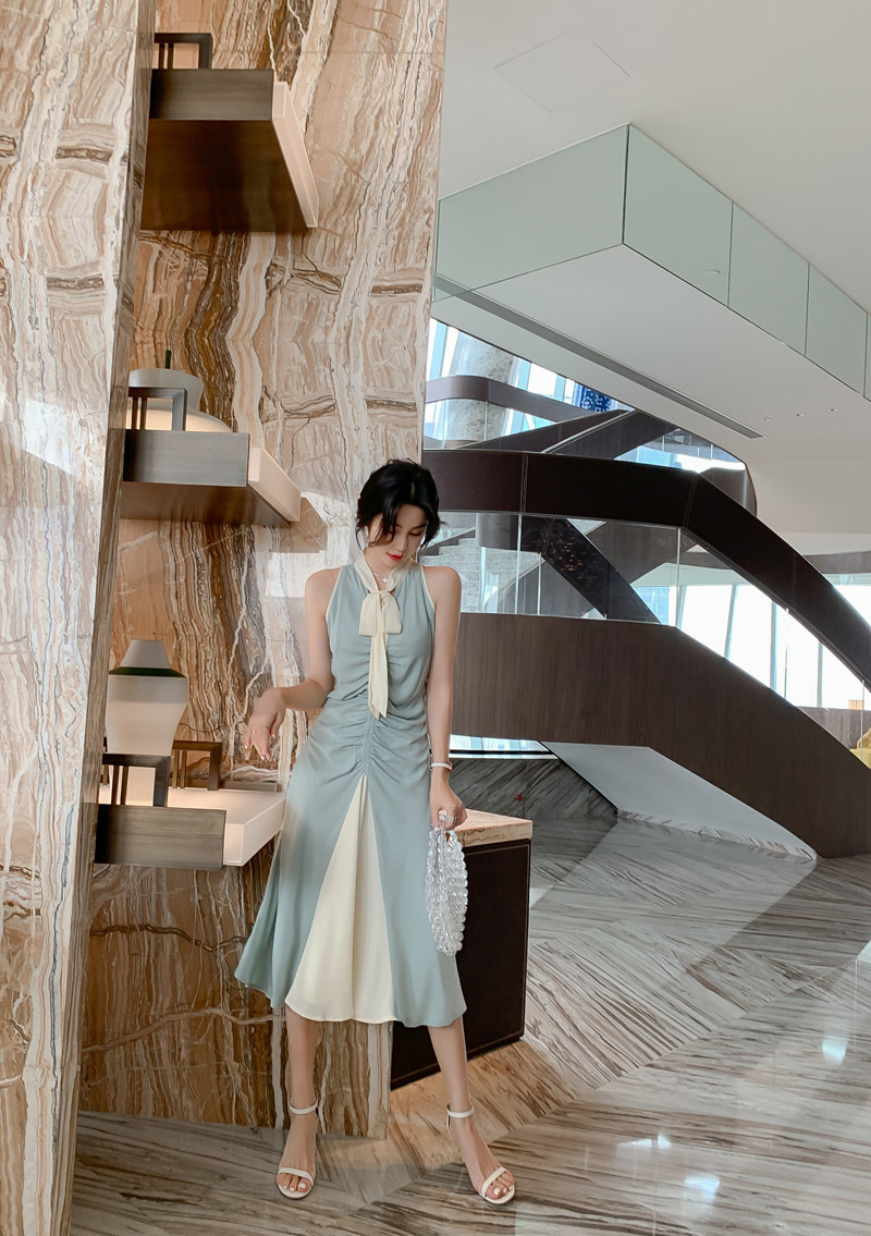 Đầm maxi nữ thắt eo cổ buộc dây xếp ly thanh lịch — Màu xanh lam chi tiết 6