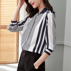 Stripe long sleeve fashion casual V-neck Korean commuter chiffon shirt woman