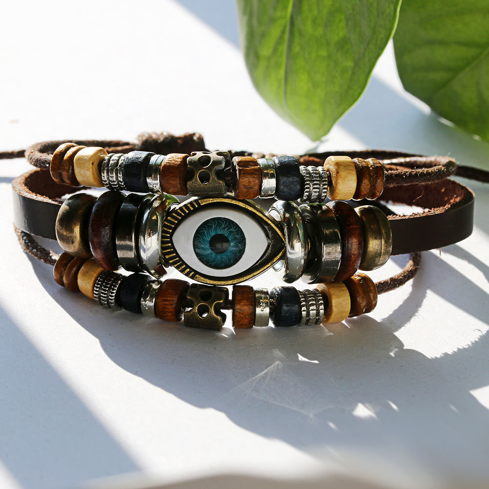 1 Piece Retro Devilu0027S Eye Pu Leather Alloy Beaded Unisex Bracelets