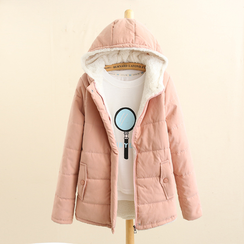 New autumn/winter 2021 plush and thickened Korean version hooded cotton-padded jacket for women with long sleeves bread jacket preppy style