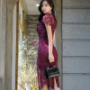 Korean style V-neck slim stitching hollow out water melt flower medium length hip lace dress