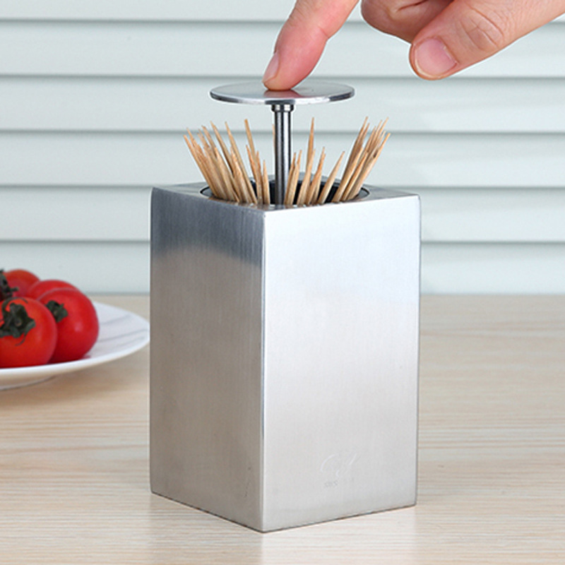 304 Stainless Steel Toothpick Box Press Creative Toothpick Box Household Toothpick Box Square Hand Pressed Automatic Toothpick Box