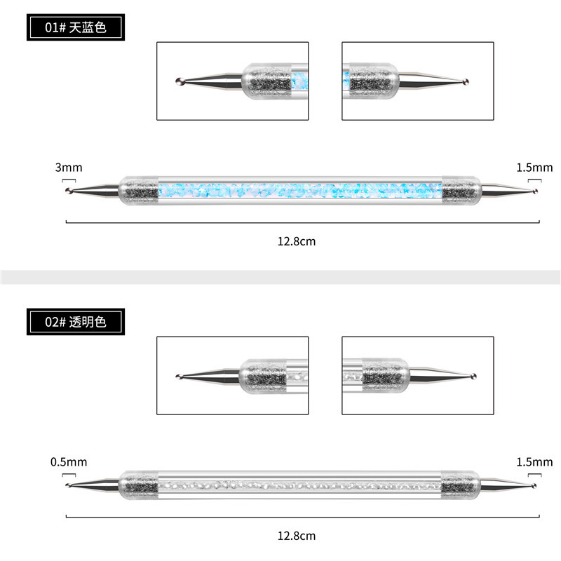 Herramientas de uñas suministros de herramientas de doble cabeza de clavo de punta de perforación cristal transparente con punto de diamante punto de la pluma
