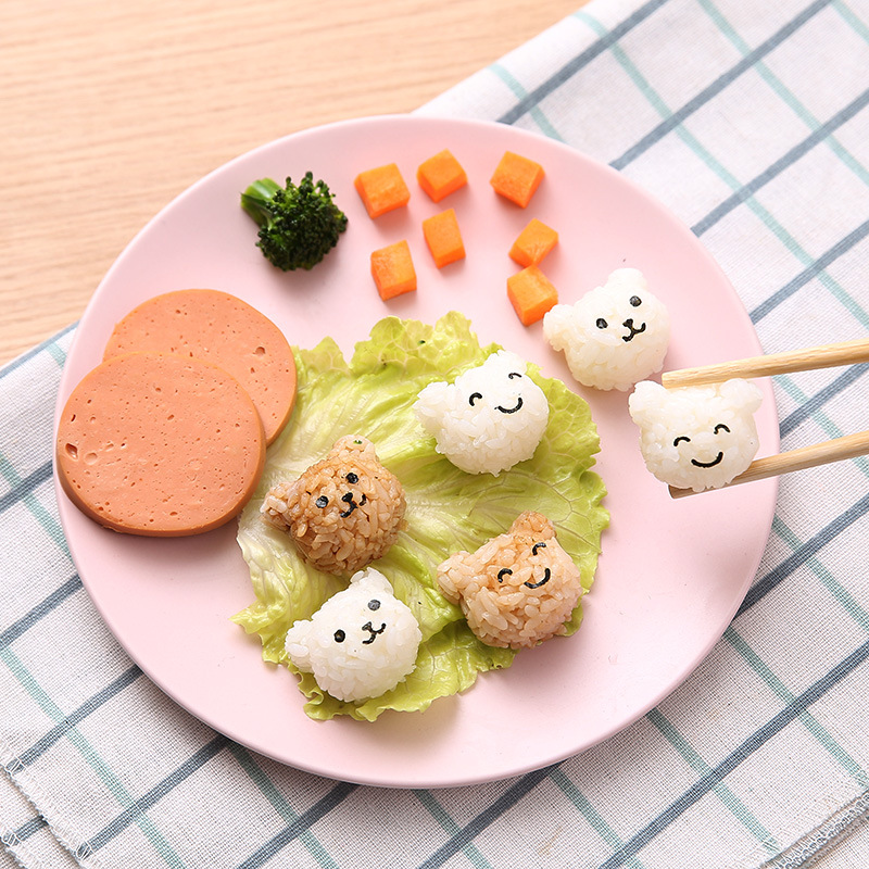 DIY创意迷你小熊饭团模具4个小熊卡通动物寿司模具带压花器