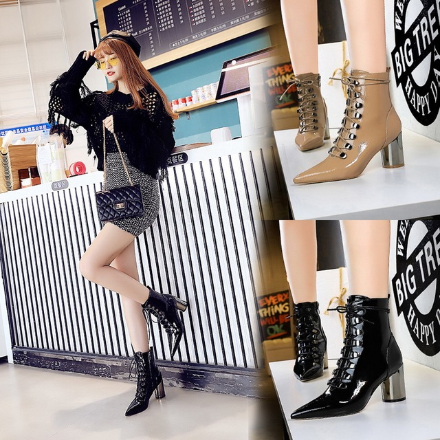 Korean fashion， all-around trend， bright surface， patent leather， pointed metal， high heel， cross strap， lace up boots