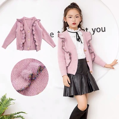 Female 童春秋 2019 new pattern Mink like Sweet princess Western style Korean Edition Wood ear knitting Cardigan coat