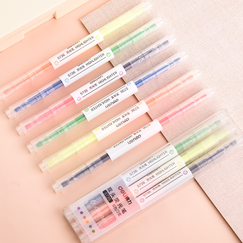 Fluorescence two-color light marker for students, 6 colors, 3 pieces, thin rod