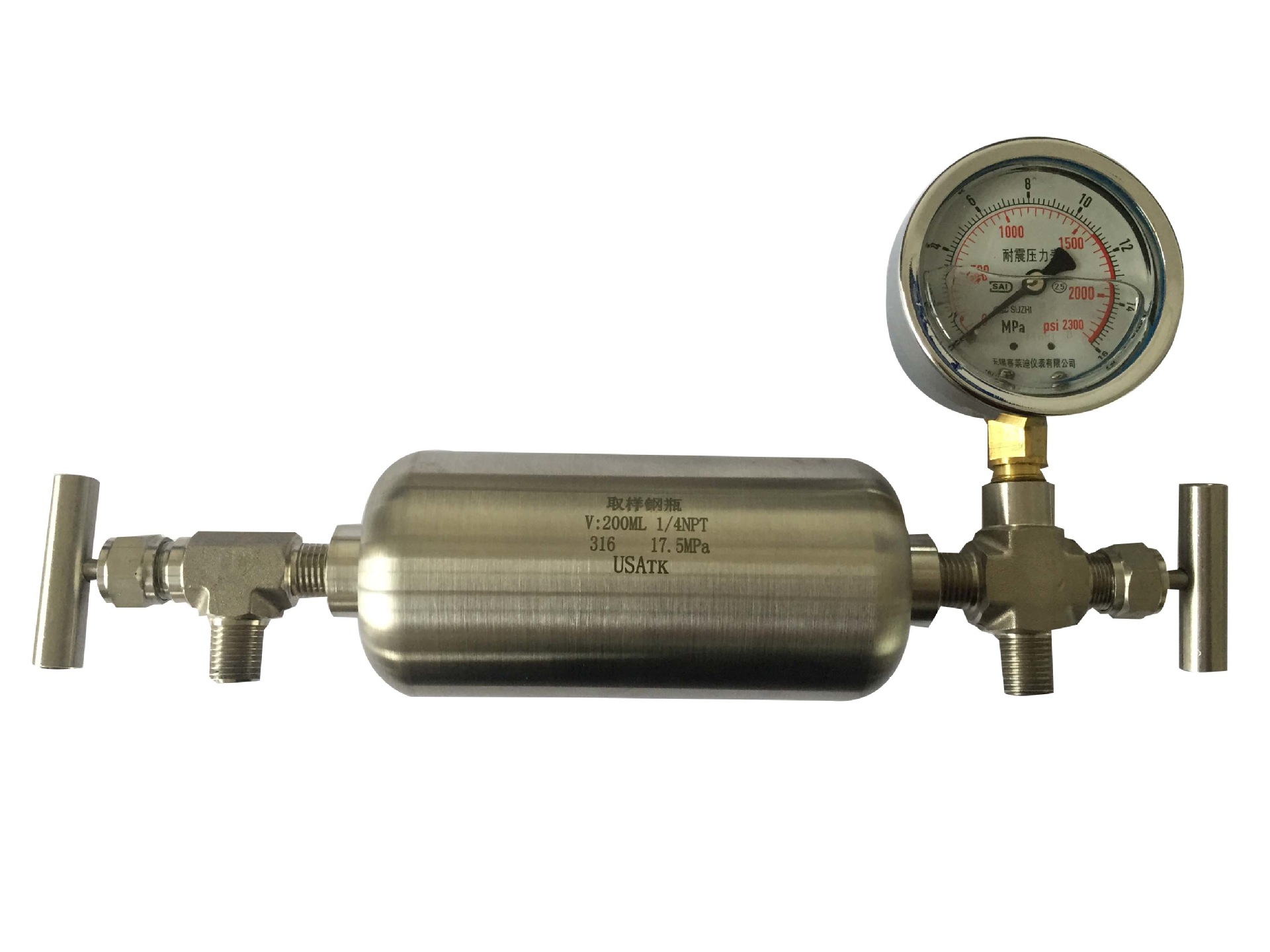 液化气采样钢瓶100ml  取样钢瓶(角式压力表截止阀)加工6.4MPa