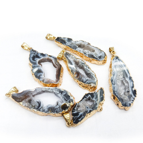 Natural Brazilian Agate Raw Stone Pendant Crystal Cave Slice Pendant Hollow Agate Crystal Tooth Necklace Gold Plated with Edge Gold Plating