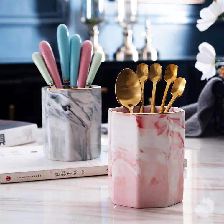 北歐ins簡約大理石紋陶瓷筆筒辦公收納筒收納杯家居擺件 筆筒
