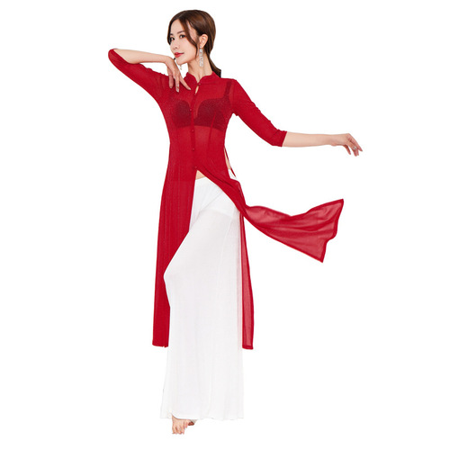 Practice dance clothing, belly dance suit, dance practice clothing, ethnic style cheongsam, wide leg pants, dance clothing for beginners