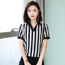 图荣短袖竖条纹雪纺衫女夏季韩版时尚OL显瘦职业衬衫上衣一件代发