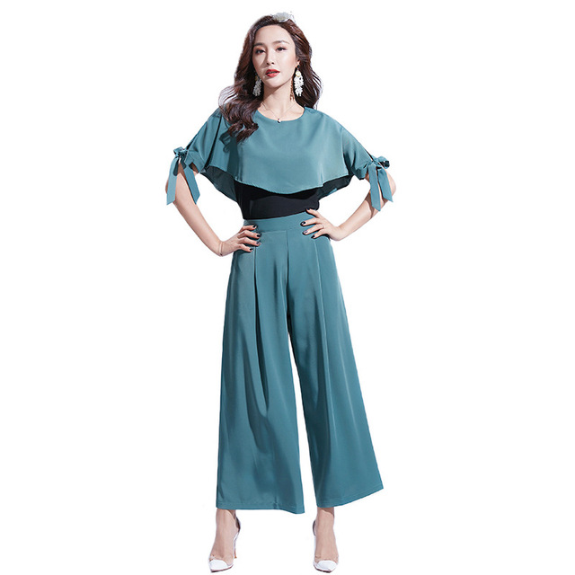 Summer New Round-collar Cloak Fake Two Loose-legged Trousers Suits