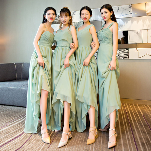 Matcha green long sling evening party dress for women sisters bridesmaid dress sling host singer car model show performance dress