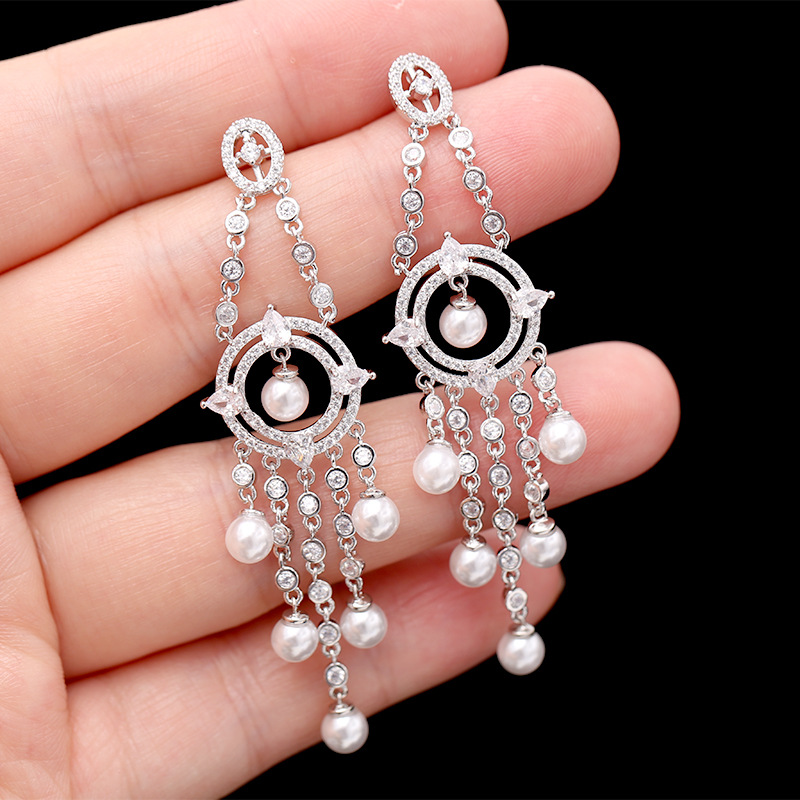 S925 Silver Needle Wang Hao With The Same Paragraph High-grade Slim Pearl Earrings Long Tassel Heavy Work Zircon Earrings Banquet Wild display picture 4