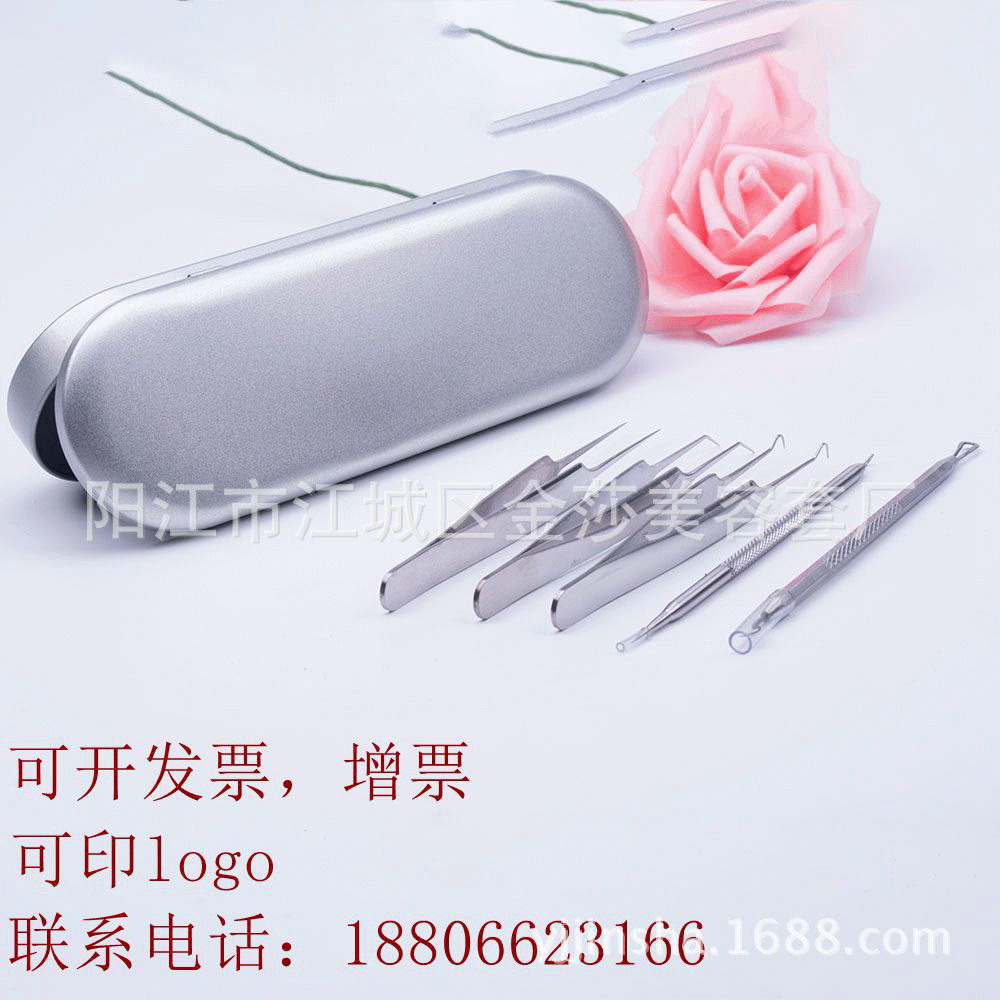高档银白色不锈钢盒子脸部去粉刺美容工具5件套装可印公司LOGO|ms