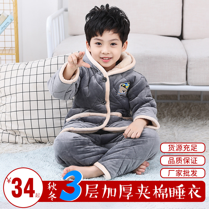 Flannel children pajamas Smoke gray Cartoon Boy Home Furnishings suit keep warm thickening Cotton Plush Winter clothes