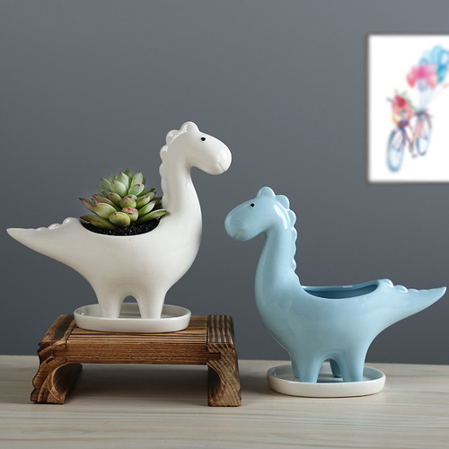 Manufacturer small wholesale gardening cross-border creative succulent flower pot cartoon animal dinosaur ceramic flower pot desktop decoration