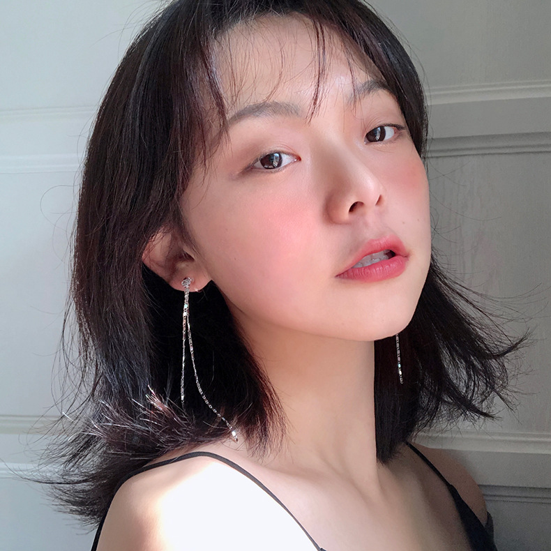 s925银针韩式两用后挂式长款链条耳钉ins简约百搭闪钻链条耳环095|ru