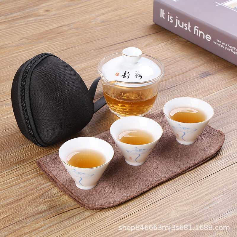 White Porcelain Quick Cup,One Pot,Three Cups,Portable Travel Bag,Tea Set,Cup Bag,Glass Fair Cup,Ceramic Lid,Fixed