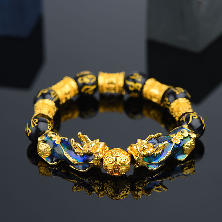 保色鍍金手鏈 3D溫感溫變色黑曜石貔貅越南 沙金手串六字真言批發