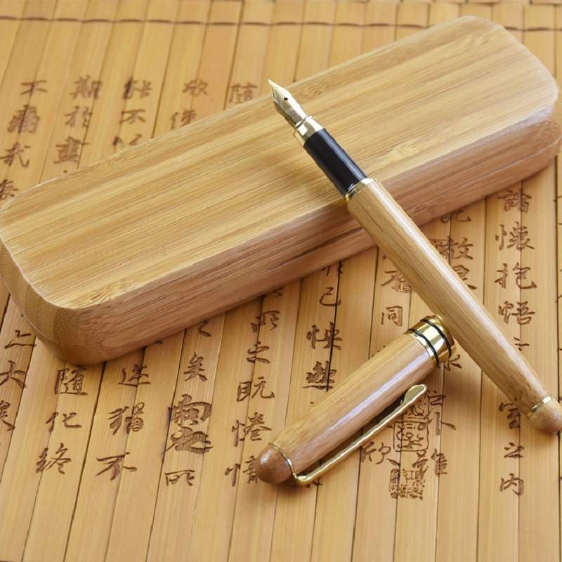 Wooden Bamboo Fountain Pen Business Gift Round Jewelry Ball Pen Set Wholesale Signature Custom LogoA