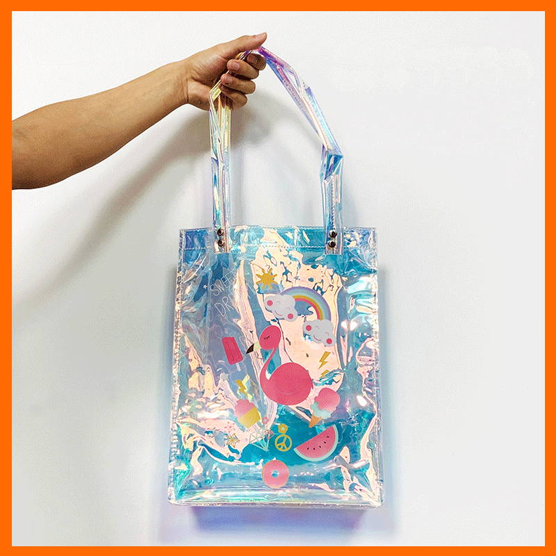 现货镭射PVC袋防水塑料透明购物收纳袋子tpu幻彩网红手提袋加logo