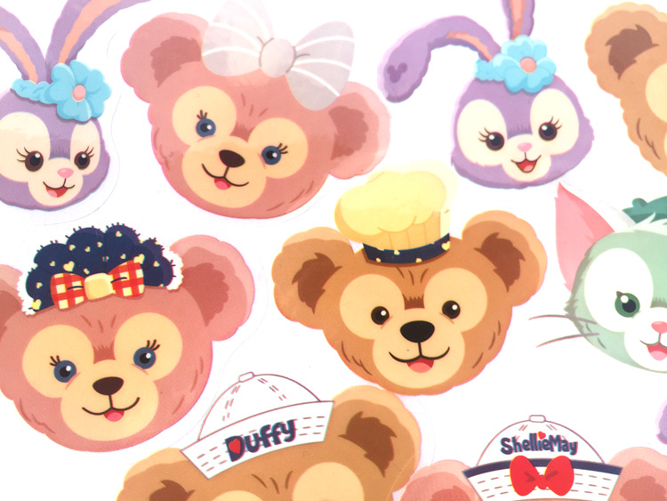 Duffy Bear and ShellieMay themed waterproof PVC stickers resembling colourful football club collectibles