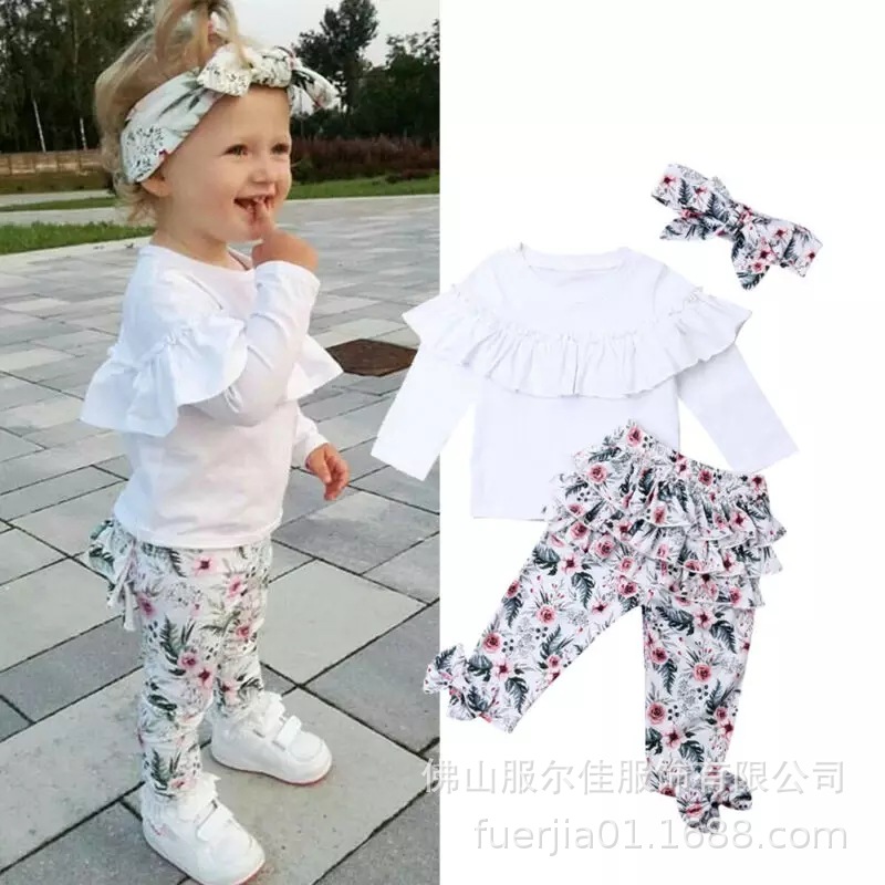 Cross border express popular girls' Lace Top + multi-layer lace printed pants + headflower