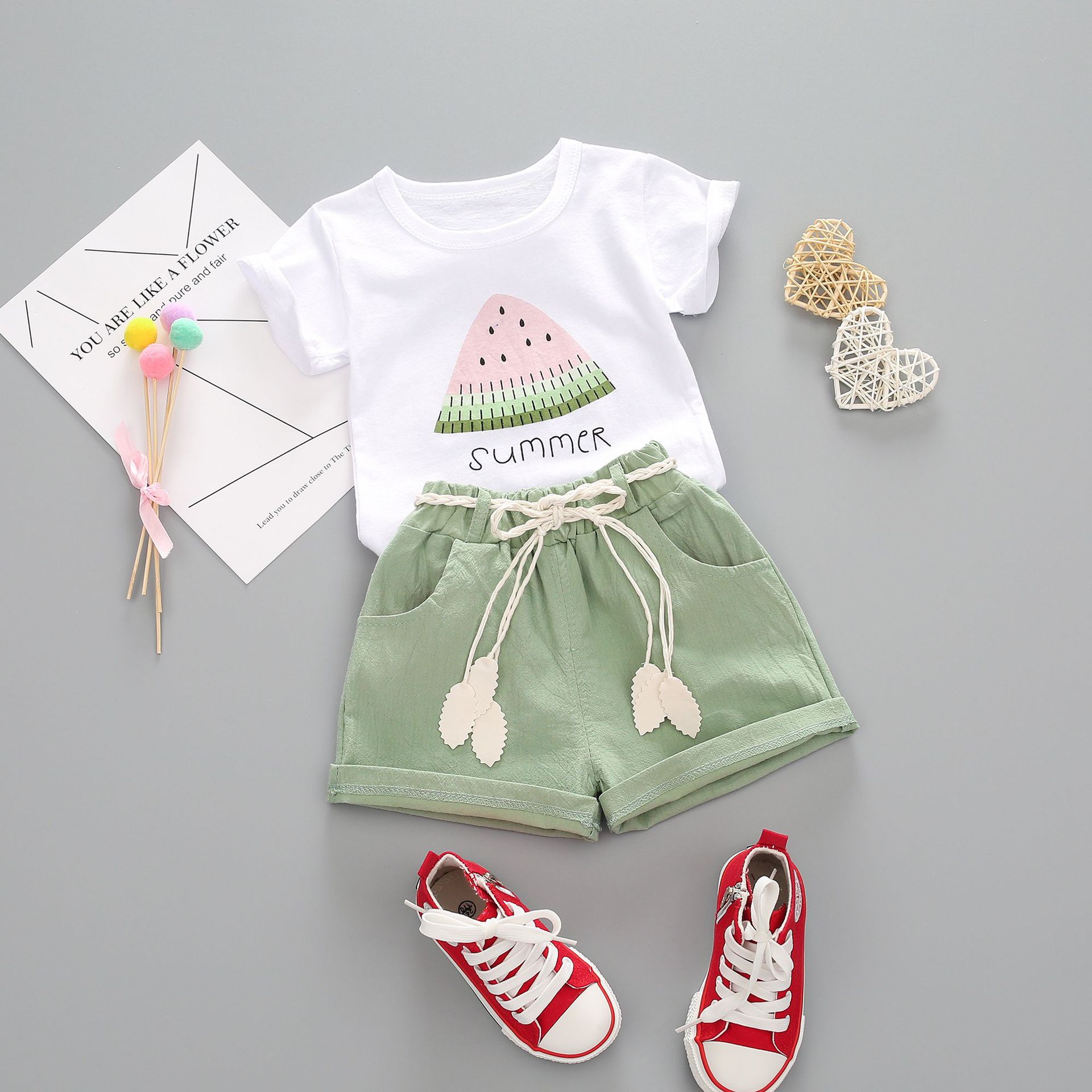 104g Weight Short Sleeve Sleeve Length Cotton Fabric Type Cute Fruit Cotton Girls Clothing Sets