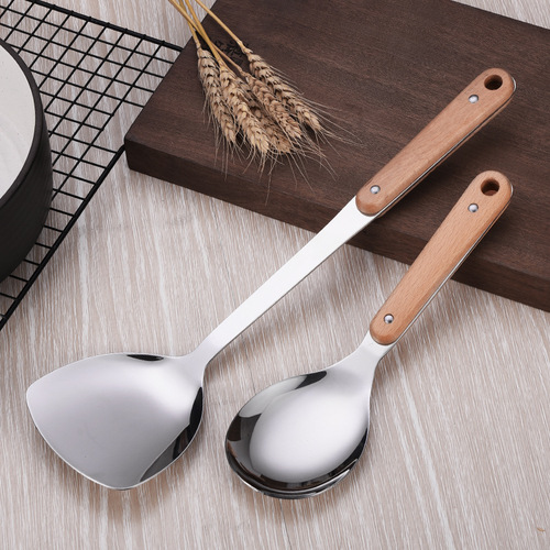 Non-magnetic thick stainless steel porridge spoon solid wood handle spatula Stainless steel household cooking spatula spoon kitchen utensil set