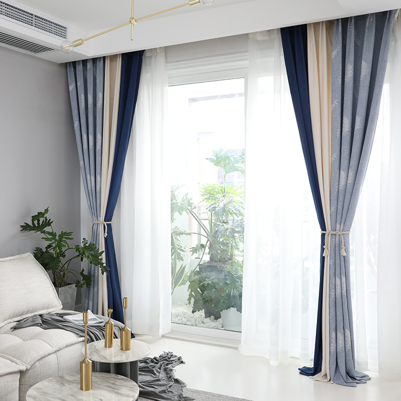 Feather: blue gray Hit color stitching Jacquard weave curtain shading Finished custom Simple Nordic wind
