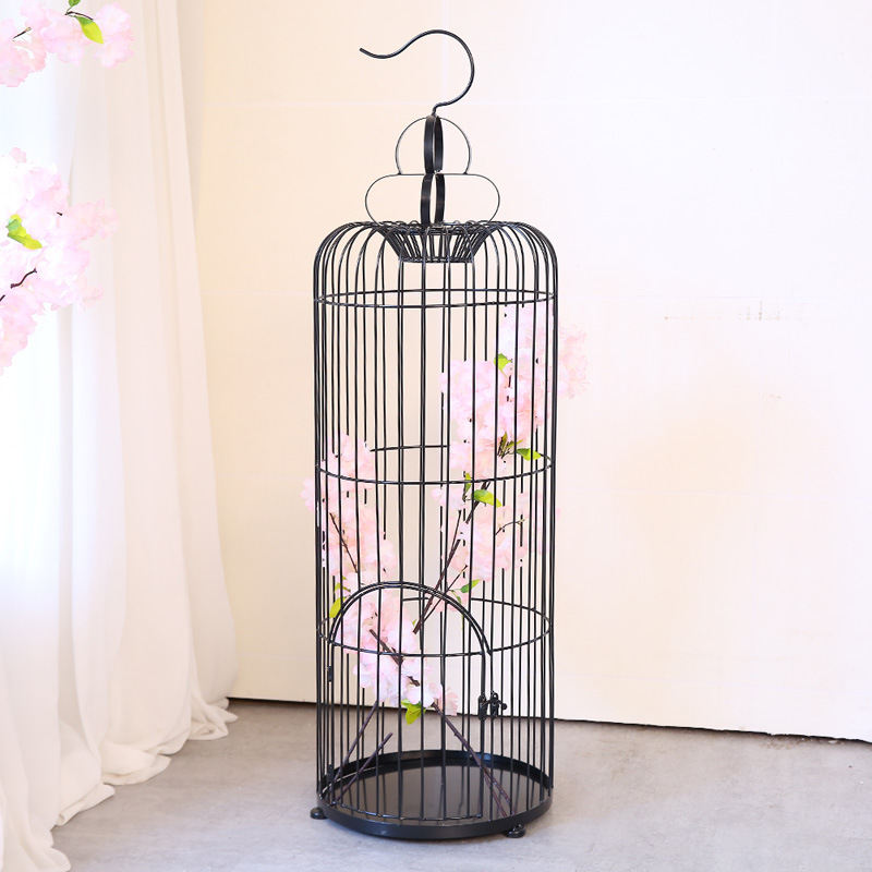 Simple moderno negro pájaro jaula decoración boda apoyos piso-pie hierro pájaro jaula floral artesanía