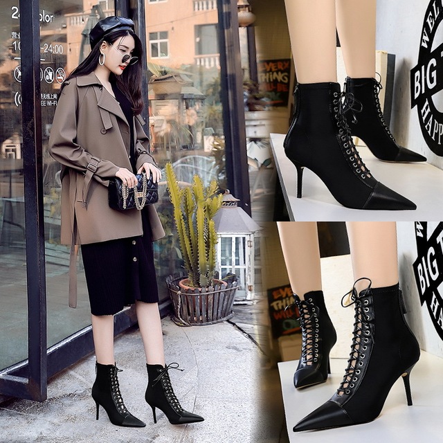 European and American retro fashion high heel lace up cutout cross tie pointed slim sexy women’s short boots
