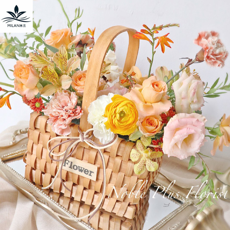 Cesta de flores de madera tejida a mano pequeña pieza de madera rectangular cesta de flores portátil flor floral arreglo floral cesta suculenta planta cesta de flores