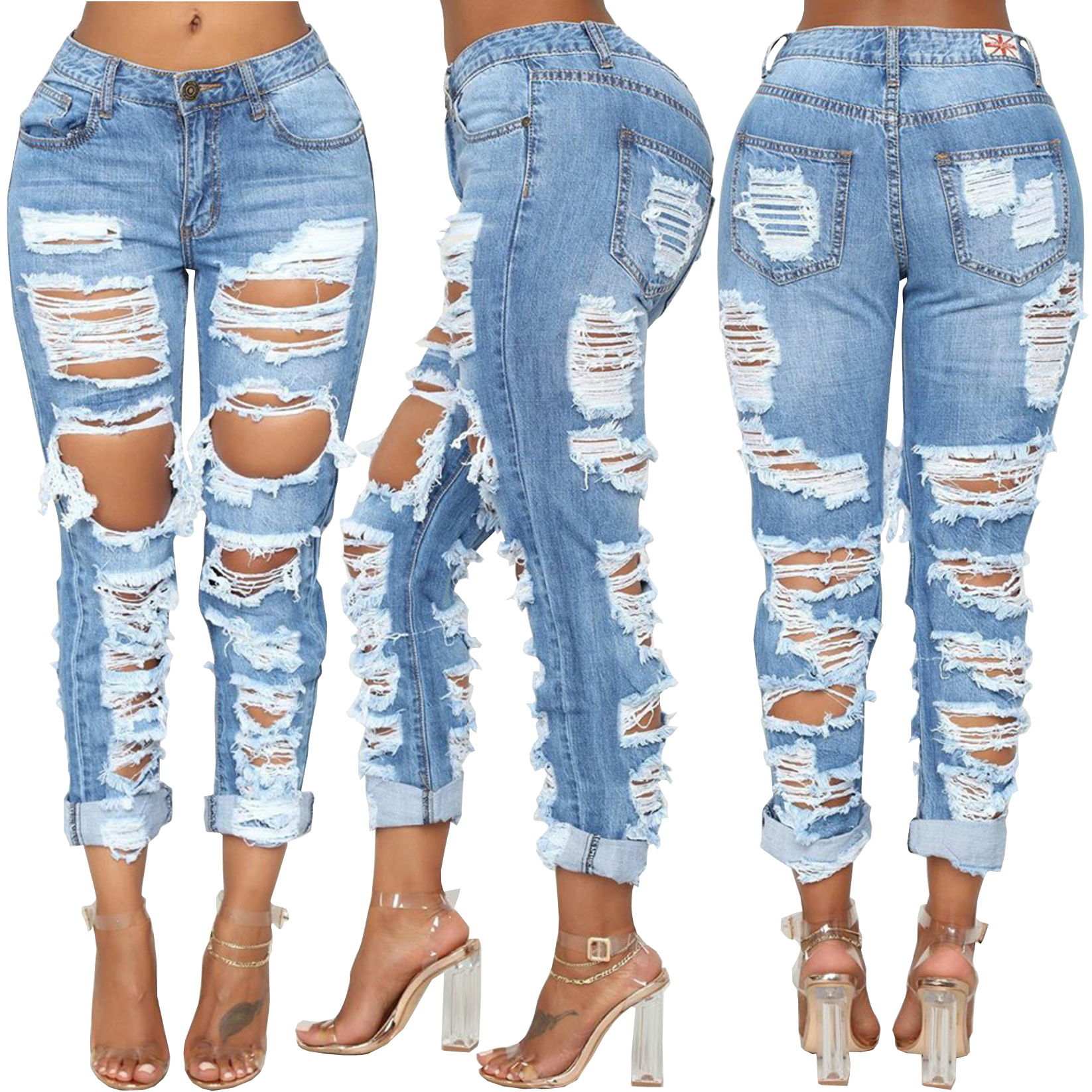 Mid Waist Ripped Non-Stretch Jeans NSSF66899